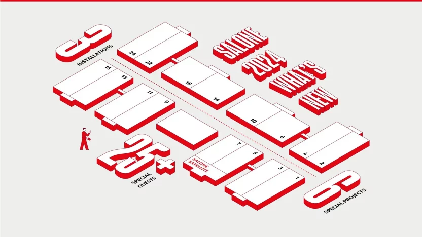 미리 보는 밀라노 가구 박람회 2024 5 6 Davide Mottes의 박람회 평면 구성에 대한 인포그래픽. Courtesy of Salone del Mobile.Milano 1
