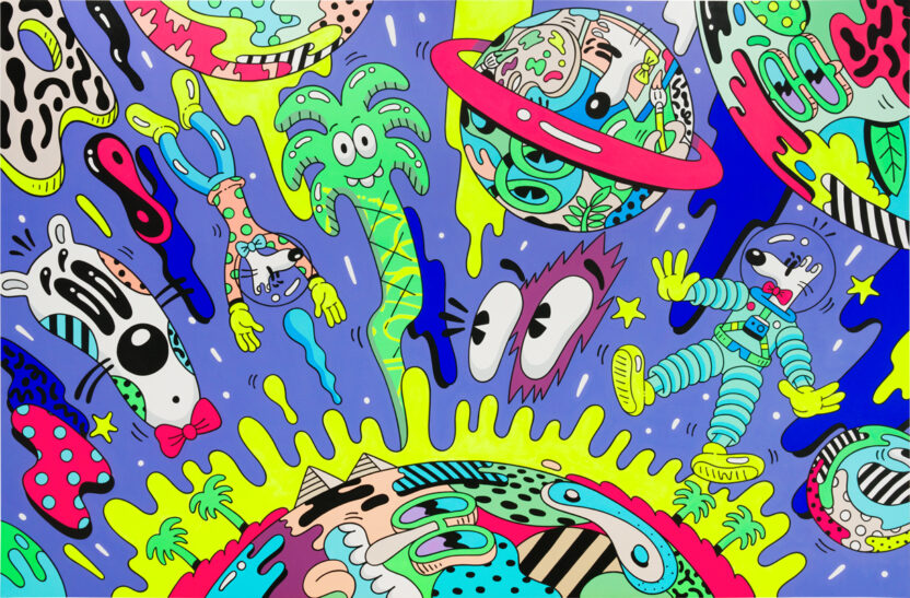 떠나는 중(살아 있는), 2021, 캔버스에 아크릴릭, 183 X 274.3cm © Steven Harrington Artworks LLC