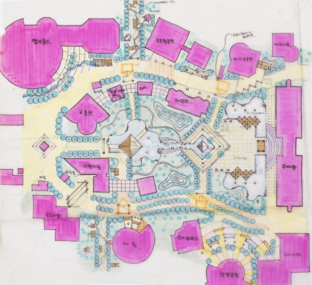 미술관에서 만난 한국 1세대 조경가 8 대전엑스포 93 박람회장 스케치 트레싱지에 유성펜 1991 47.5 x 33.5 cm. 작가 소장