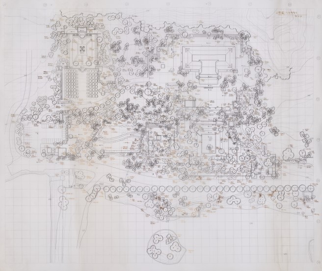미술관에서 만난 한국 1세대 조경가 10 호암미술관 희원 식재 현황도 1997 트레싱지에 펜. 101 x 87 cm. 작가 소장