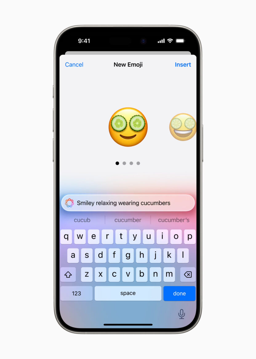 인공지능으로 만든 나만의 이모티콘, 애플 젠모지(Genmoji) 1 Apple WWDC24 Apple Intelligence Genmoji with cucumbers 240610 3