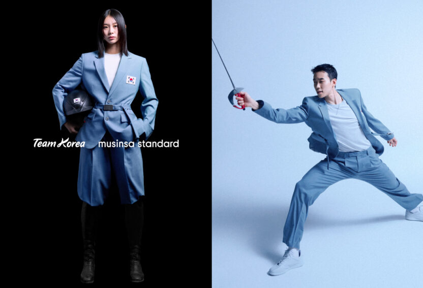 파리 올림픽, 청색 수트로 하나 되는 팀코리아! 2 무신사 사진자료 무신사 스탠다드가 제작한 ‘제33회 파리 하계올림픽대회 대한민국 국가대표팀 개·폐회식 단복을 입은 근대5종 종목의 김선우 선수왼쪽와 펜싱 종목의 도경동 선수