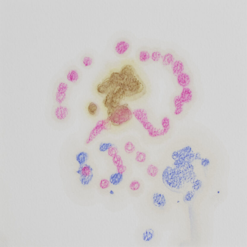 빛과 향기를 품은 ‘비누’ 천사들을 만나다 14 신미경 세 천사 향유 드로잉 시리즈 2024 종이에 향유 수채 색연필 19x19cm 복사